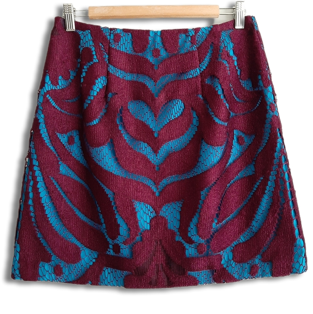 NANETTE LEPORE Lace Overlay Wild Card Mini Skirt Mulberry Cyan Blue Sz 4
